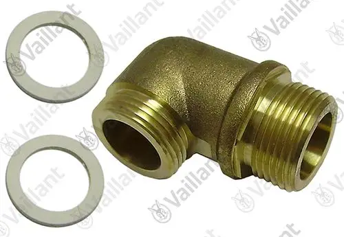 Anschlussstück aus Messing mit zwei Gewinden und zwei Dichtscheiben, geeignet für Vaillant Heizsysteme.